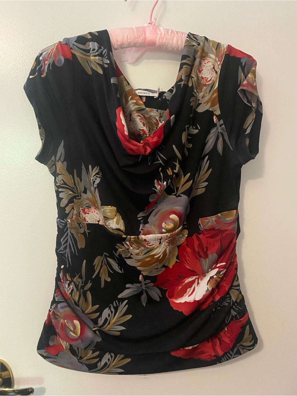 Ricki's Black Floral Drape Neck Top with Red & Cream Blooms